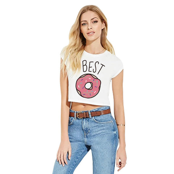 EAST KNITTING H599 2016 Hot Summer Women T-shirt Funny Best Friends T Shirt Donut And Coffee Duo Flowy Print Tees Couple Tops